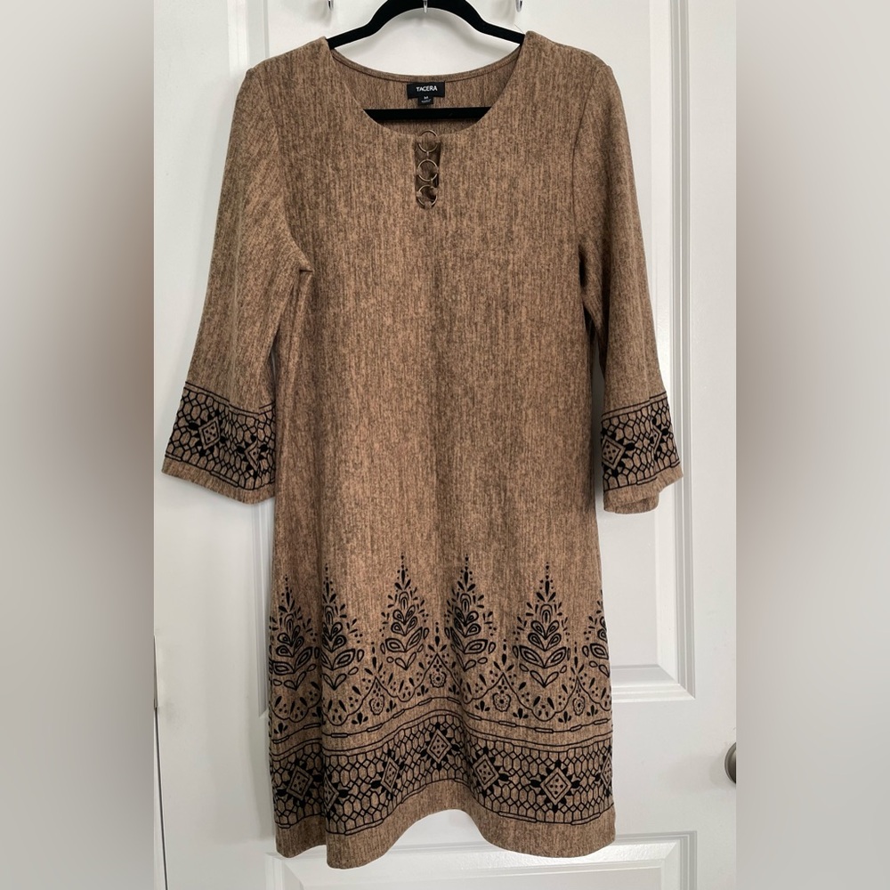 Tacera Womens Sz M Shift Dress Velvet Burnout Boho Ring Neckline 3/4 Sleeve Fall